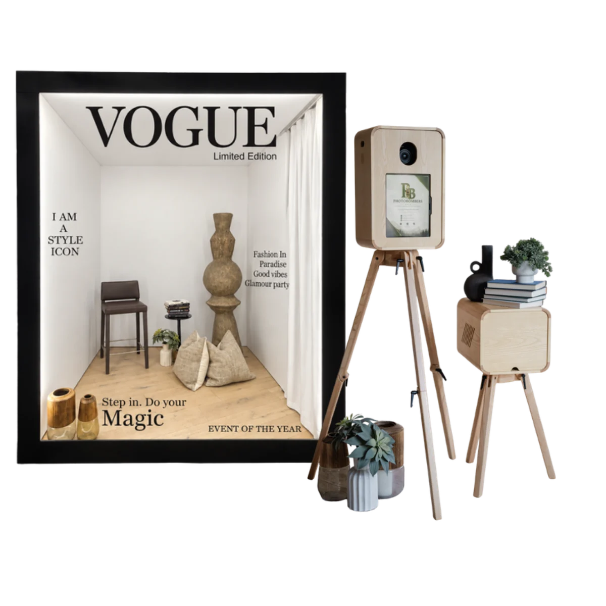 Walk-in magazine cover box paired with the vintage photo booth, the full Photobombers experience