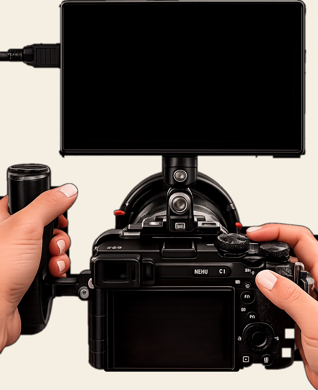 Photographer holding a professional camera rig with a large external monitor