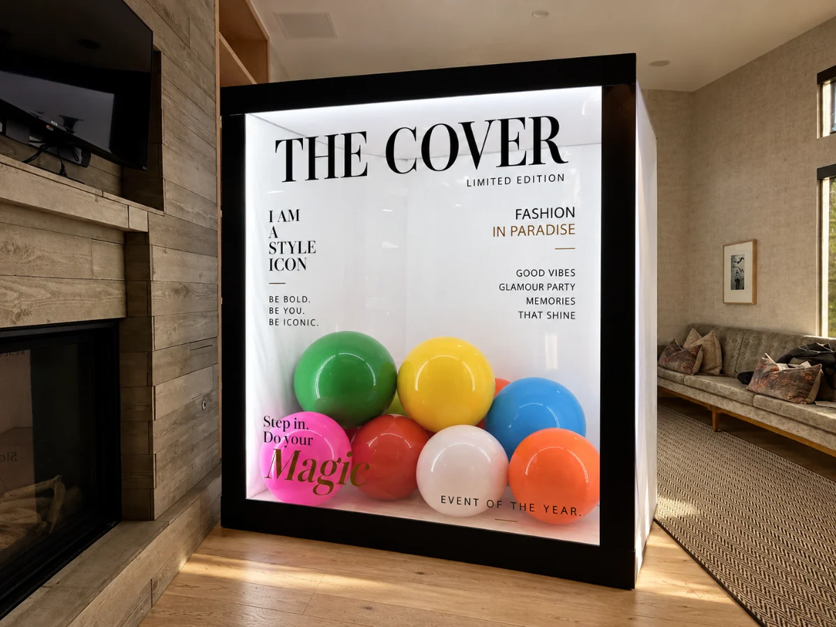 Walk-in magazine cover box with balloon styling