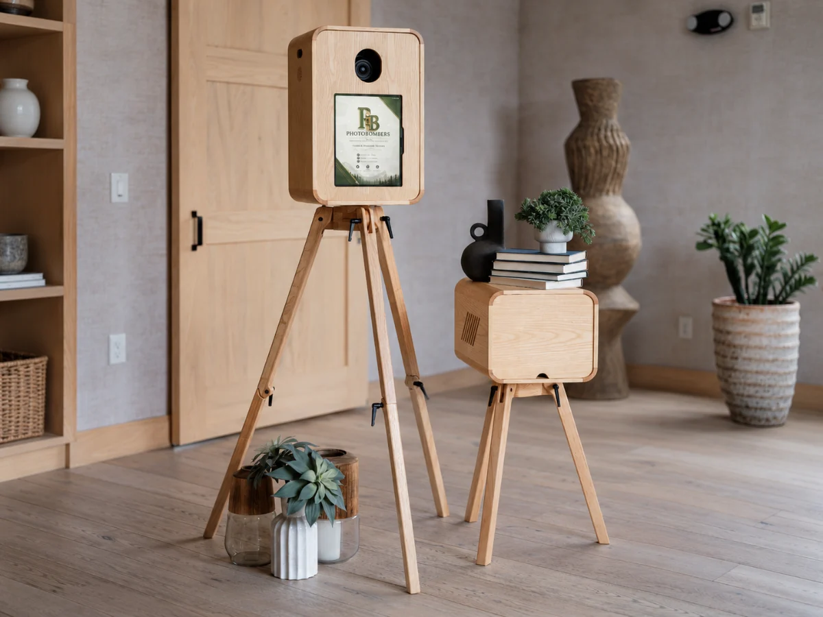 Photobombers luxury vintage photo booth on a wooden tripod with matching print station in a Colorado venue